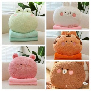 Bộ chăn gối văn phòng gấu tròn gối kèm chăn lông cừu biếu cảm hình thú đáng yêu