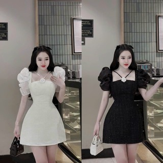 Đầm dự tiệc tay búp cổ vuông phối nơ kiểu vải cao cấp 3 size 2 màu trắng đen st30
