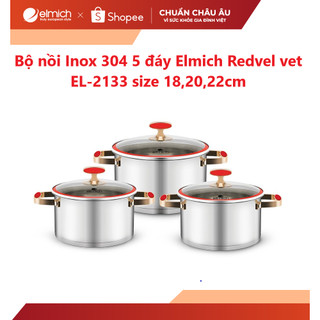 Bộ nồi Inox 304 5 đáy Elmich Redvel vet   EL-2133 size 18,20,22cm