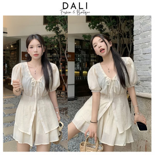 Set Bộ 2 Món Gồm Áo Sơ Mi Tay Bồng Cổ Bèo Rút Dây + Chân Váy Dáng Xoè 2 Lớp Có Quần Trong Chất Liệu Đũi Gân