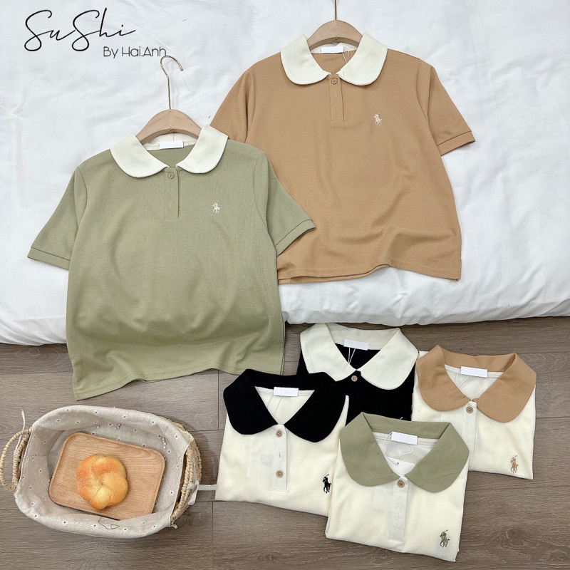 Áo polo cổ sen sắc màu thêu logo ngựa