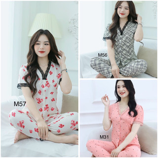 Bộ đồ mặc nhà cổ V viền ren