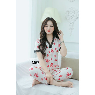Bộ đồ mặc nhà cổ V viền ren