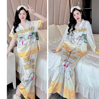 Đồ Bộ Mặc Nhà Pijama Lụa Xước Họa Tiết Mèo Bụng Bự Siêu Cưng Freesize 40-58kg