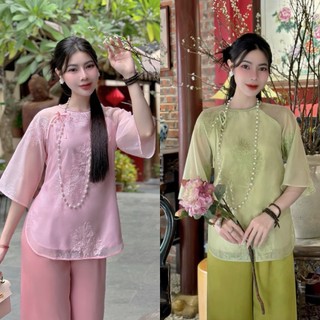 BIGSIZE HIẾU HIẾU (55-95KG) - Set bộ đồ lam truyền thống áo thêu hoa chỉ nổi kèm quần lụa dài