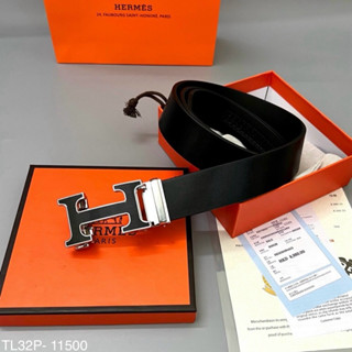 Thắt lưng da nam HM da miếng trơn mặt đúc chữ H đen viền vàng bạc bản khoá tự động cao cấp TL32P