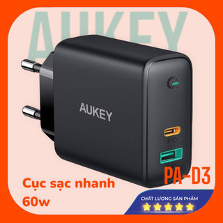 Củ sạc nhanh 60w aukey pa-d3 , 2 cổng usb-a 12w + type c 60w pd3.0 sạc nhanh