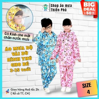 Áo mưa bộ cho bé 2 3 4 5 6 7 tuổi,vải dù chống thấm có kính chắn nước che mặt - áo mưa trẻ em thiên phú | size số 4