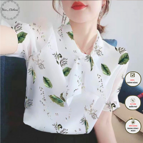 Áo kiểu tay ngắn cổ tròn phối nơ phong cách thanh lịch cho nữ