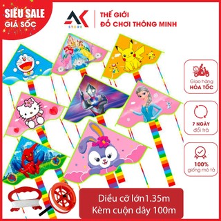 Diều thả cạnh cong 1.35m họa tiết hoạt hình siêu nhân elsa doraemon kèm cuộn dây thả 100m