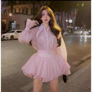 ( SALE LẺ SIZE Loại Đẹp ) Set Váy đầm sơ mi dáng ngắn, kèm áo sơ mi tay bồng , xếp ly thiết kế dự tiệc