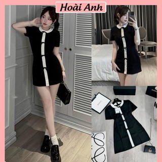 Váy Nữ Đen Phối Viền Trắng Đính Nơ Nổi Ngắn Tay Đầm Nữ Khóa Lưng Dáng Ngắn Freesize