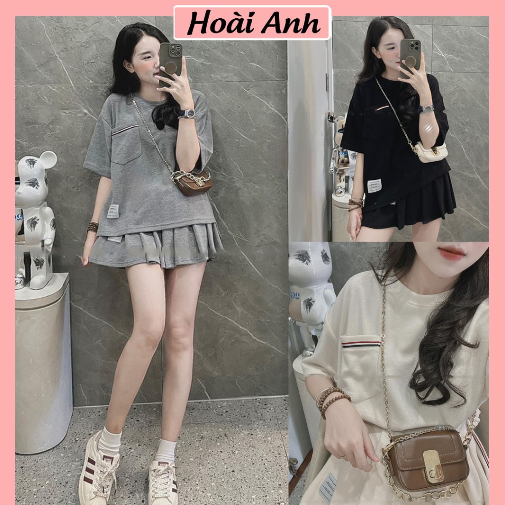 Set Bộ Đồ Nữ TB Áo Phông Ngắn Tay Túi Ngực Viền Màu Mix Chân Váy Xếp Ly Freesize