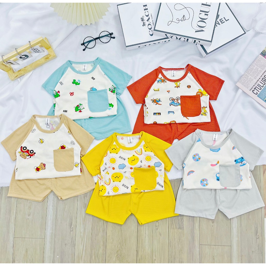 Bộ TĂM LẠNH Bé Trai Minkymom 6 - 16kg may rộng rãi, phối sọc, túi chéo, hình in dễ thương