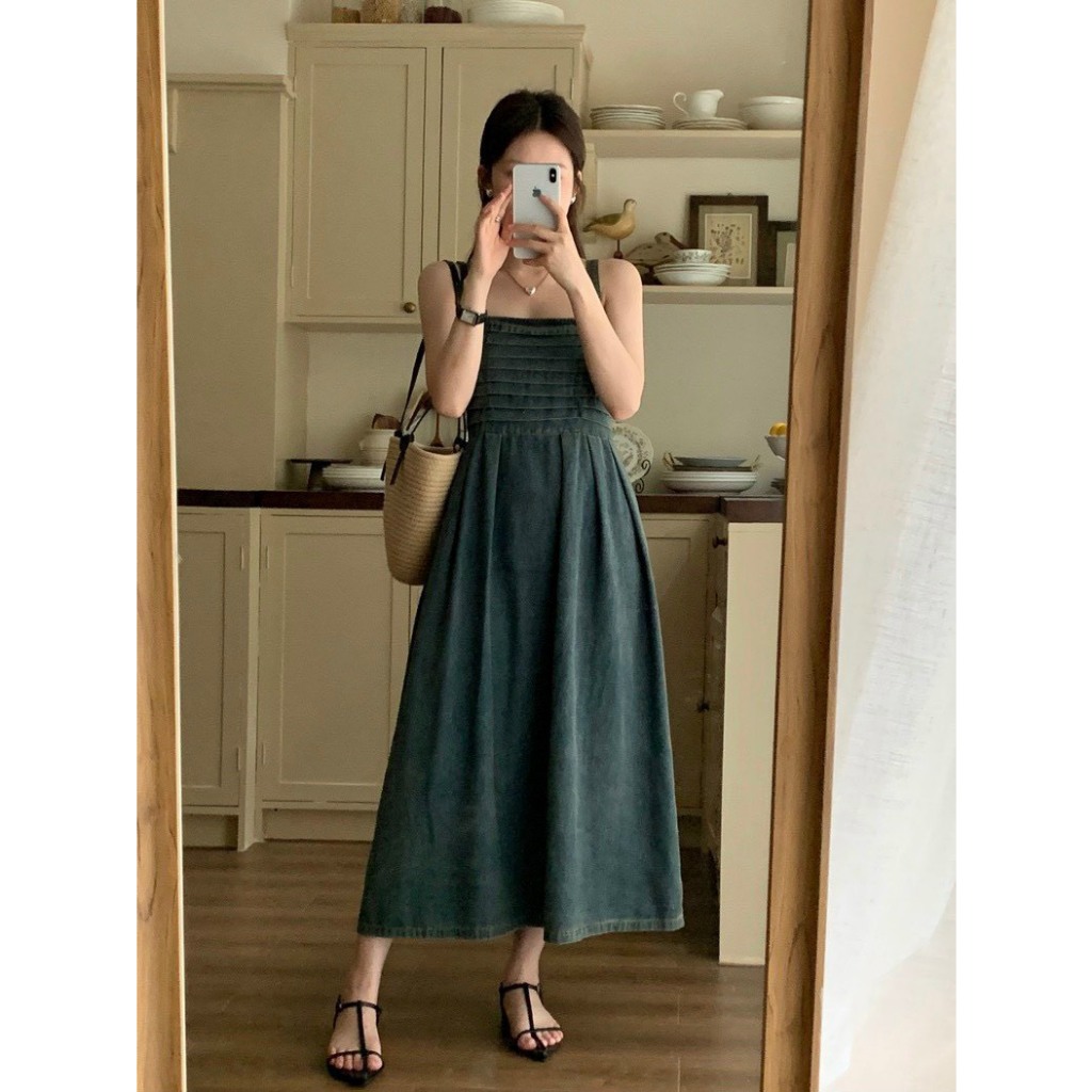 Đầm Váy Denim Jean Bò Hai Dây Xếp Ly Ngực Phối Chun Lưng Xinh Xắn Midi Xếp Ly To Dáng Xòe Dài Bồng Diện Du Lịch, Caffe