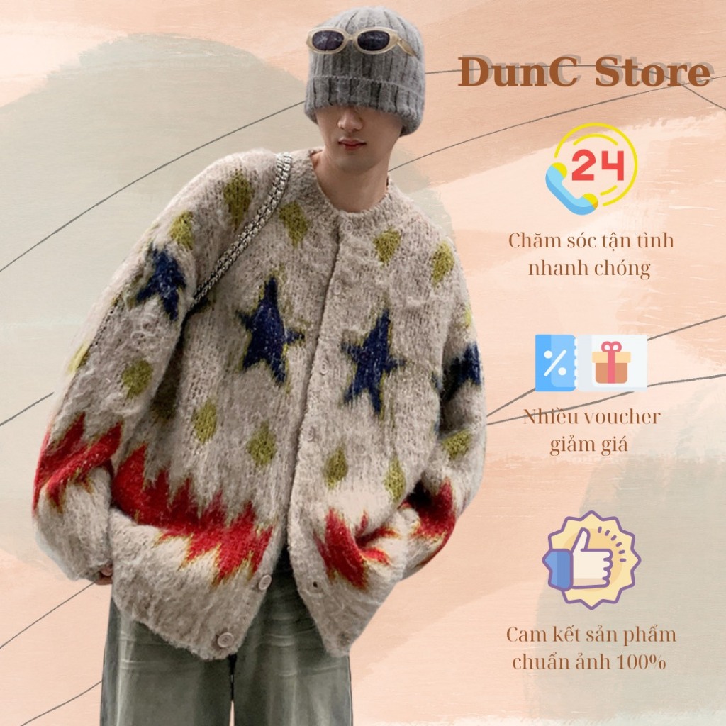 (Sẵn) Áo khoác len, cardigan unisex nam nữ hoạ tiết ngôi sao dày dặn trẻ trung