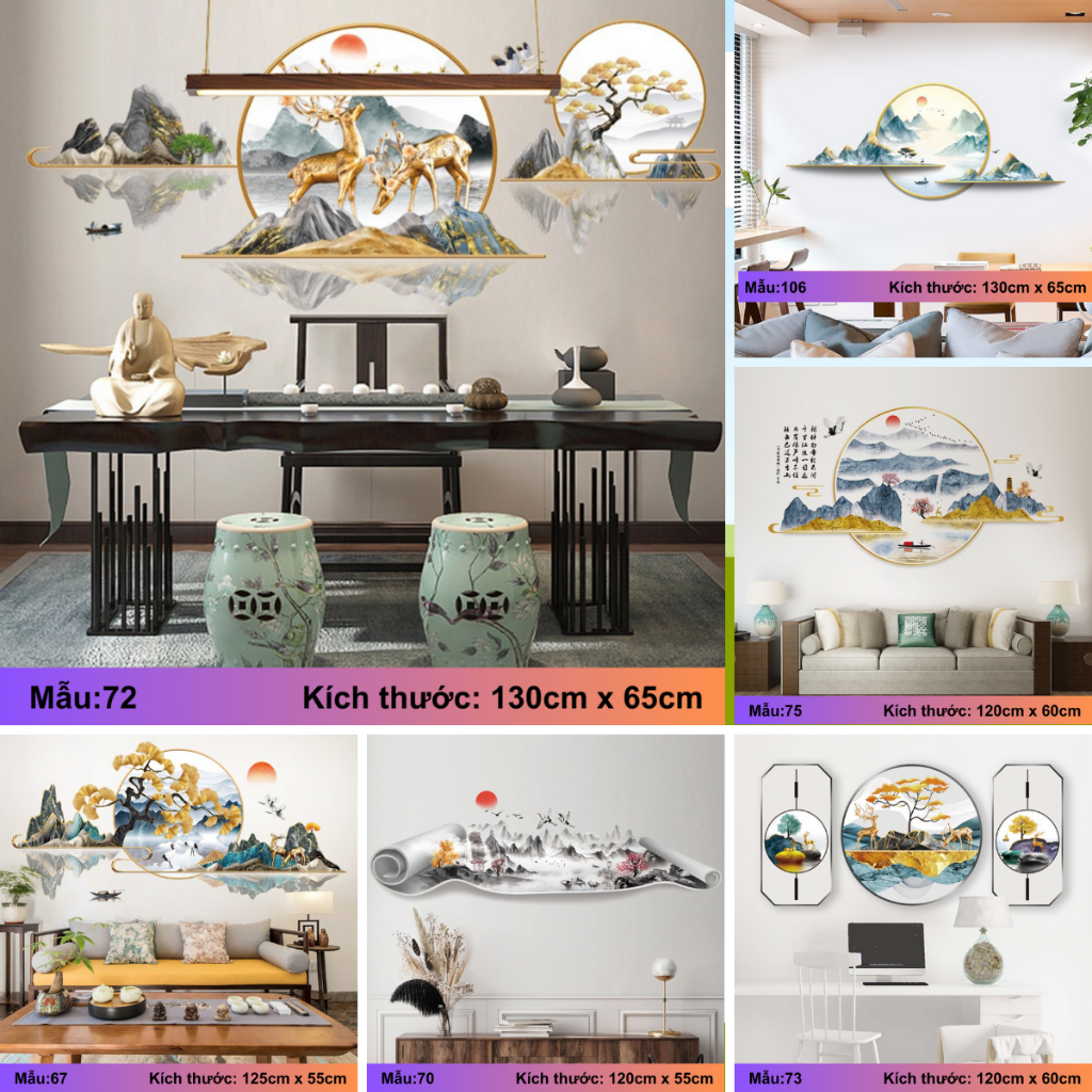 Decal dán tường sơn thủy, phong thủy, trang trí phòng khách, phòng ngủ