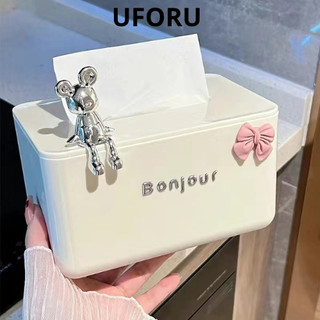 Hộp giấy ăn để bàn Uforu kèm nơ và thỏ cao cấp, chất liệu nhựa cao cấp thiết kế bắt mắt UF00018