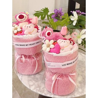 Bó hoa gấu dâu tặng kèm túi + đèn + thiệp