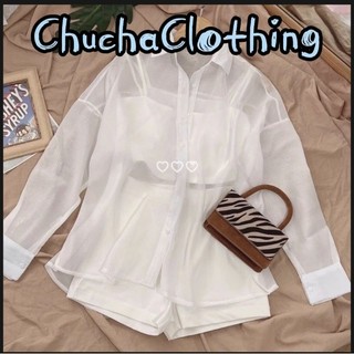 Sét trắng 3 món áo khoác sơmi voan kiếng kèm áo 2 dây, quần đùi trắng -Chuchaclothing