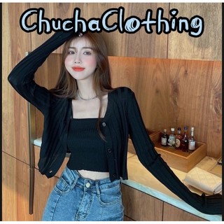 Set áo khoác Gân mỏng Cardigan kèm áo 2 dây( Video thật),Set Áo Hai Dây + Áo Khoác Cardigan Màu Trơn Thời Tran