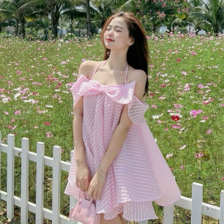 ĐẦM DOLL XỐP HỒNG DÂY CỔ YẾM NƠ NGỰC SHORT