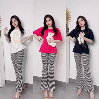 Set loe sọc quần thun gân áo thêu gấu bigsize mặc nhà