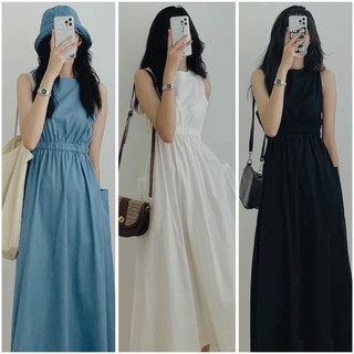 Đầm váy freesize dạo phố cổ tròn thun eo 2 túi 3 màu