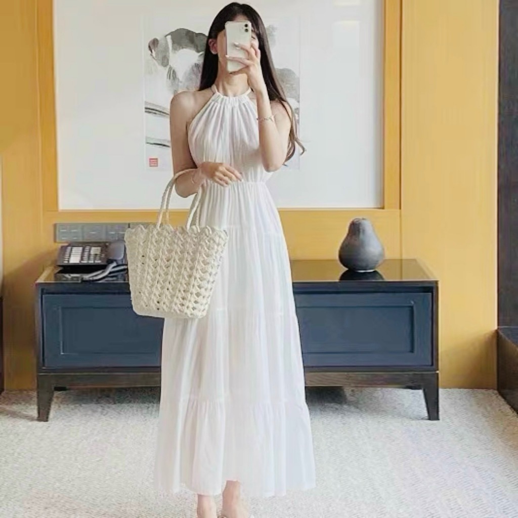 Đầm váy freesize maxi cổ yếm trắng đi biển