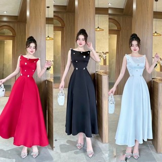 đầm lụa dự tiệc, váy lụa dài dáng xòe cài đá 08C thiết kế tiểu thư sang trọng