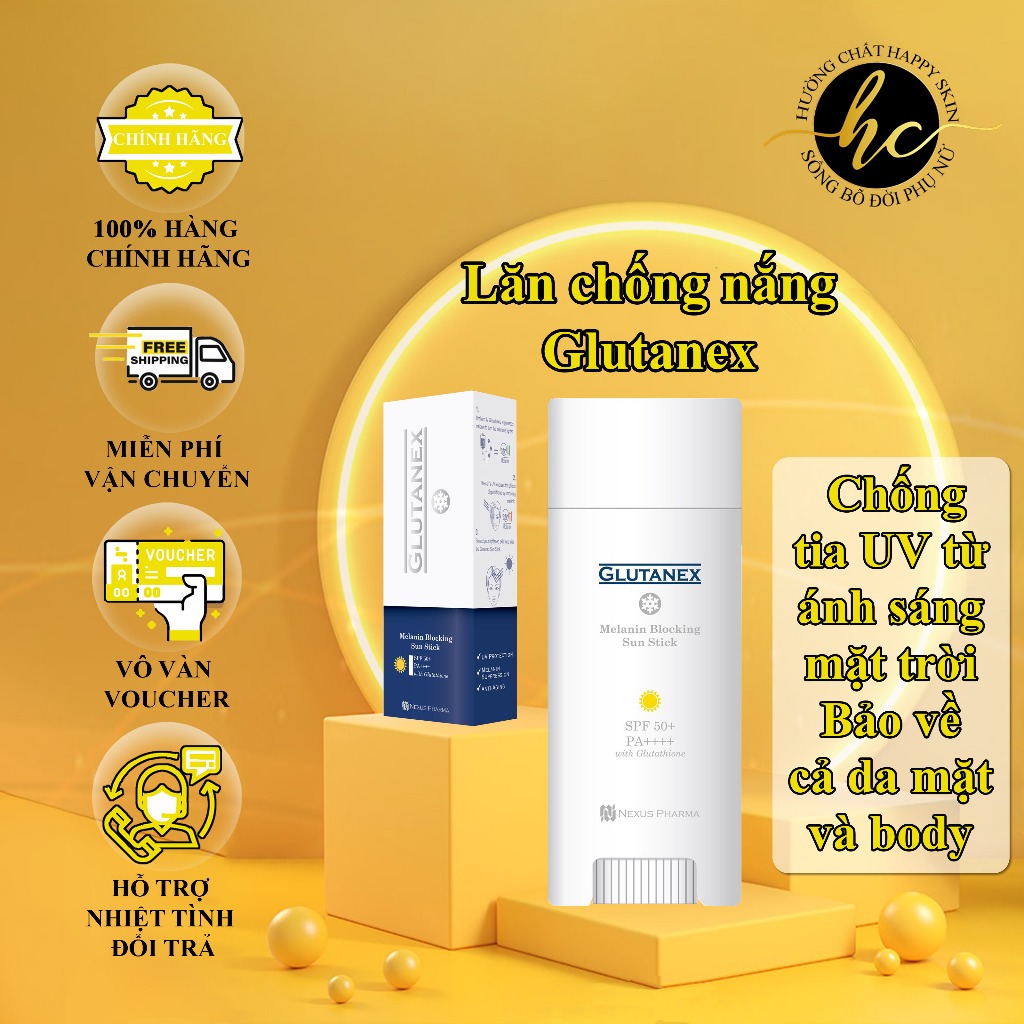 Lăn Chống Nắng Glutanex Làm Trắng Da Tức Thì Tự Nhiên Siêu Mịn Và Không Gây Kích Ứng, Bết Dính Cho Da HC Happy Skin