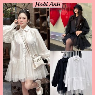 Váy nữ xòe đuôi phối ren lưới 2 lớp dài tay đầm thô mềm lớp ngoài vải lưới freesize