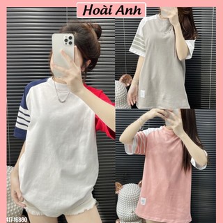 Áo Phông Nữ Thom Browne 4 Sọc Phối Vai Ngắn Tay Dáng Thụng Dấu Quần Áo Thun Nữ Phối Tay From Rộng