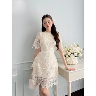 Đầm ren dự tiệc cổ tròn 2 tầng cao cấp (màu kem vàng)
