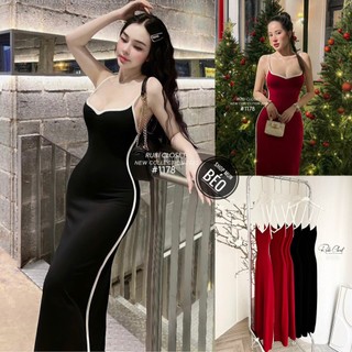 Đầm 2 dây phối viền có mút phom dài chất thun lazzon co giãn thích hợp mặc đi làm đi chơi đi tiệc