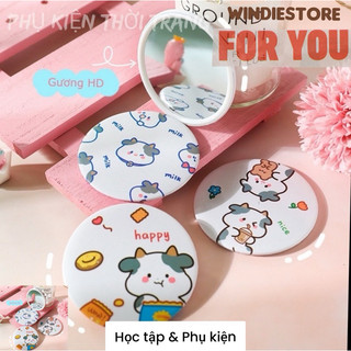Gương cầm tay mini hình họa tiết con bò dễ thường phong cách Windie