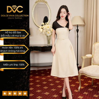 Váy thiết kế cao cấp màu be phối cổ tay đen kèm tang mặc đi làm đi chơi V4458 - Thương hiệu DVC
