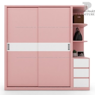 Tủ quần áo cửa lùa kết hợp kệ trang trí màu hồng tqa60