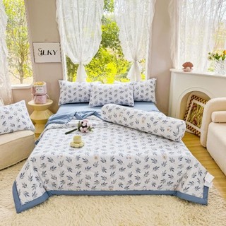Bộ chăn ga gối cotton đũi hoạ tiết chăn trần 4 món kèm 1 vỏ gối ôm