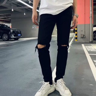 quần baggy jean nam màu đen rách gối co dãn 4 chiều