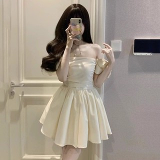 Váy đầm dáng ngắn bồng xòe chữ A cộc tay trễ vai sang chảnh tôn dáng hàng Quảng Châu tabao SP112