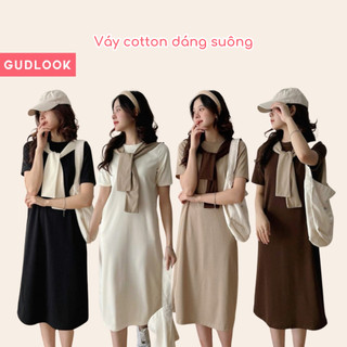 Váy Nữ Cộc Tay Suông GUDLOOK Cotton Tăm Kèm Khăn Phối Màu Trẻ Trung