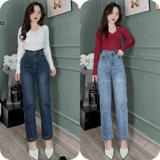 Baggy Jeans Ống Đứng Co Giãn Trơn