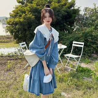 [YU]Yushop Váy Nữ Jean Form Rộng Dành Cho Bạn Gái, Có Form Bigsize Tôn Dáng, Thiết Kế Cổ Bèo Xinh Xắn