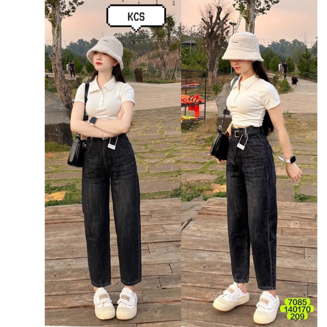 Set Quần Baggy jeans nữ xám khói + croptop cổ bẻ trơn