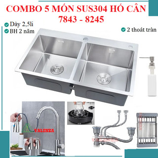 Chậu rửa bát inox 304 Valenza 2,5 li 7843-8245 kèm vòi rửa bát rút dây nóng lạnh bộ xả chậu rổ inox bình rửa bát, rửa ly
