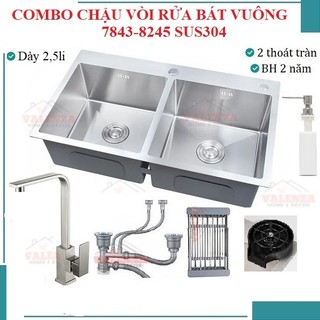 Chậu rửa bát inox 304 Valenza 2.5li 7843-8245 hố cân vòi rửa bát nóng lạnh Vuông, bộ xả, rổ inox, bình rửa bát, rửa ly