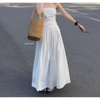 Đầm ống maxi nhún ngực dây cột cổ yếm trắng bo chun sau lưng