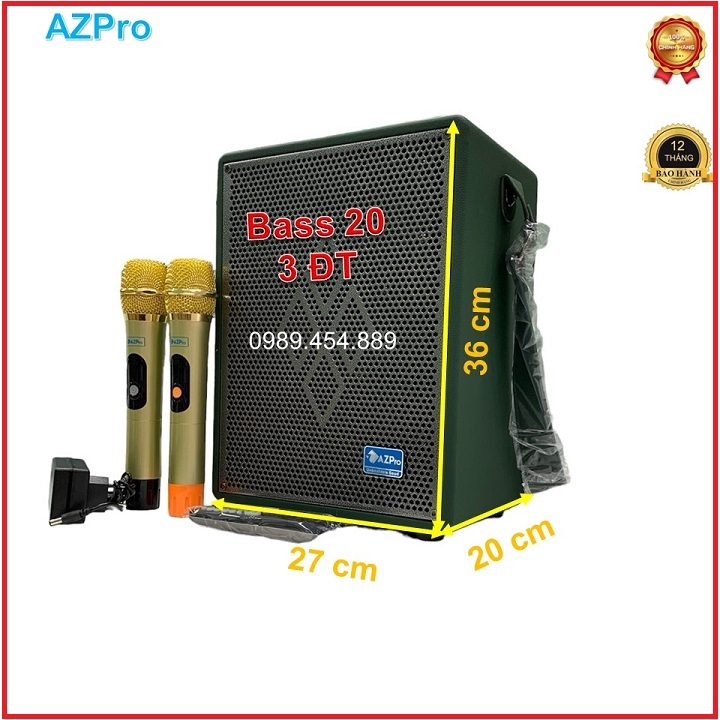 Loa Bluetooth chính hãng AZPRO,Bass 20 thùng gỗ cao cấp bọc da,mẫu Vali 3 đường tiếng ,tặng 2 mic vỏ kim loại sóng UHF