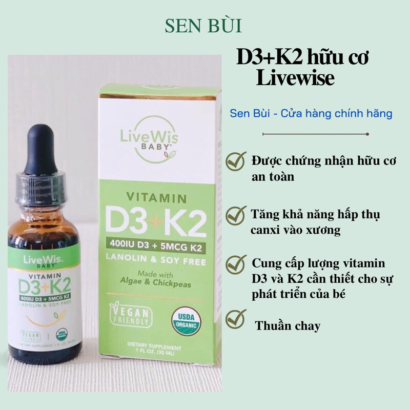 Vitamin D3+K2 hữu cơ Livewise D3K2 / DHA Omega 3 Livewise / D3 K2 organic Livewise